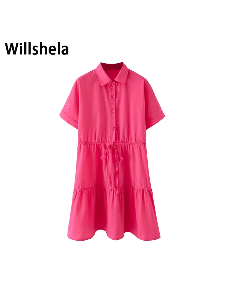 

Willshela женское модное однобортное мини-платье на шнуровке, винтажное платье с отворотом и короткими рукавами, женское шикарное платье