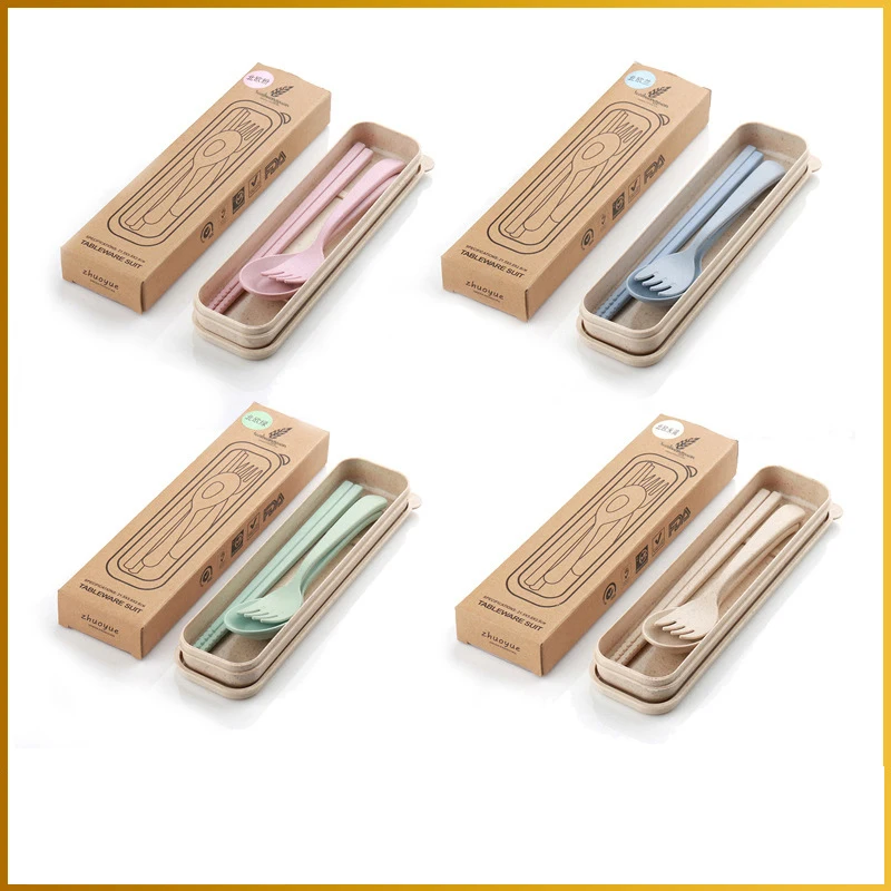 

3pcs/set Travel Cutlery Portable Cutlery Box Wheat Straw Chopsticks Fork Spoon Student Dinnerware Sets Kitchen Tableware