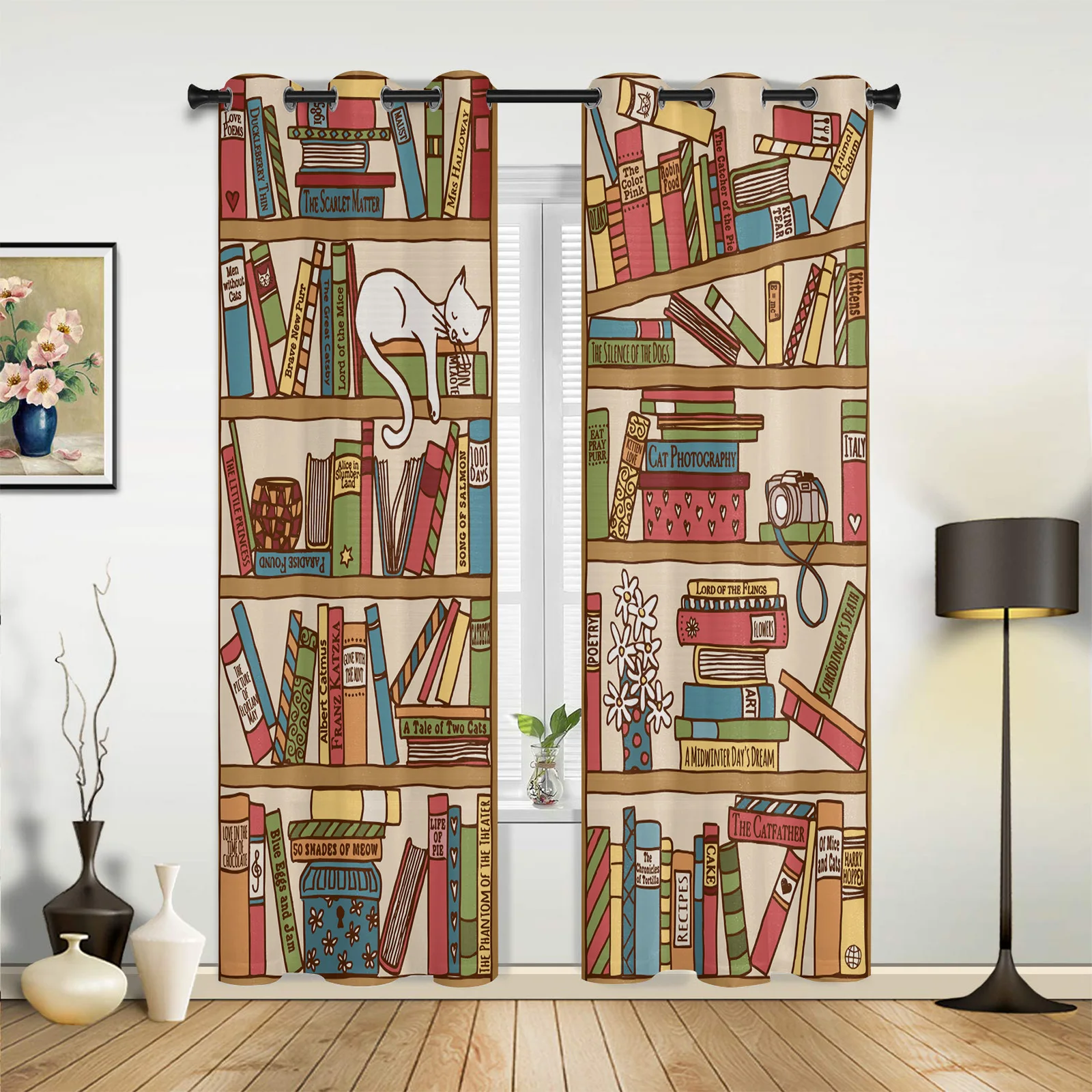 

Cartoon Bookshelf Sleeping Cat Curtains for Bedroom Living Room Drapes Kitchen Children's Room Window Curtain Modern Home Decor
