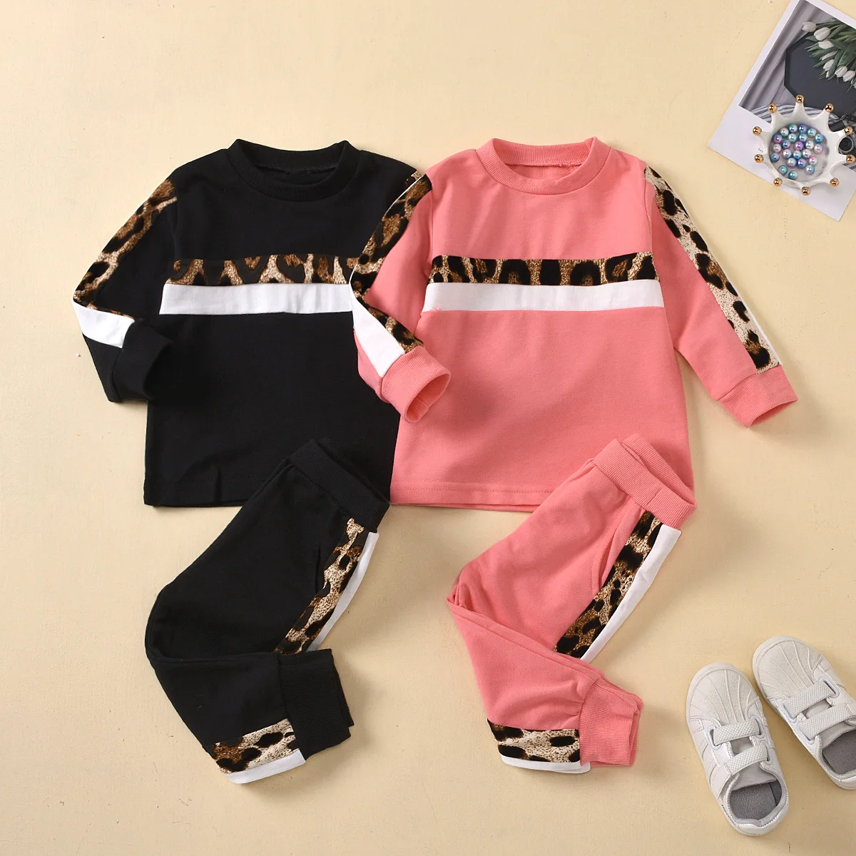 

Toddler Girl Clothes New Leopard Children's Suit Boys and Girls Long Sleeved Printed Sweater Pants Two-piece Set