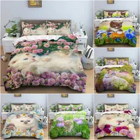 3D Cat Print Duvet Cover Floral Bedding Set Twin Full For Kids Girls Boys Room Decor Luxury Microfiber Funny Animal Quilt Cover