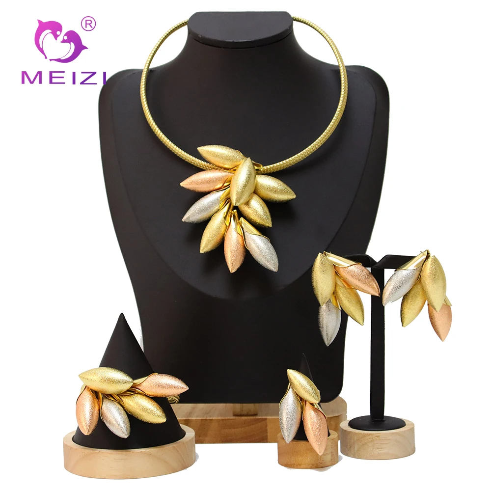 

Nigeria Luxury 18K Dubai Real Solid Gold Jewelry Set For Wedding Banquet Party Women Necklace Earring Bracelet Set Free Shipping