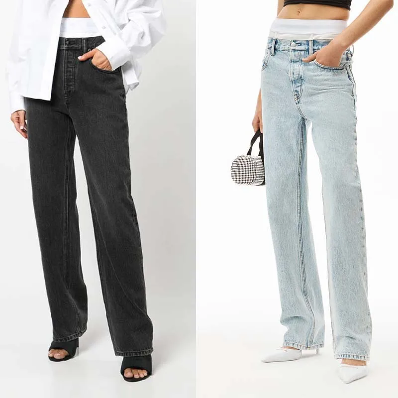 

spring and summer straight trousers women's patchwork waist high waist stretch jeans