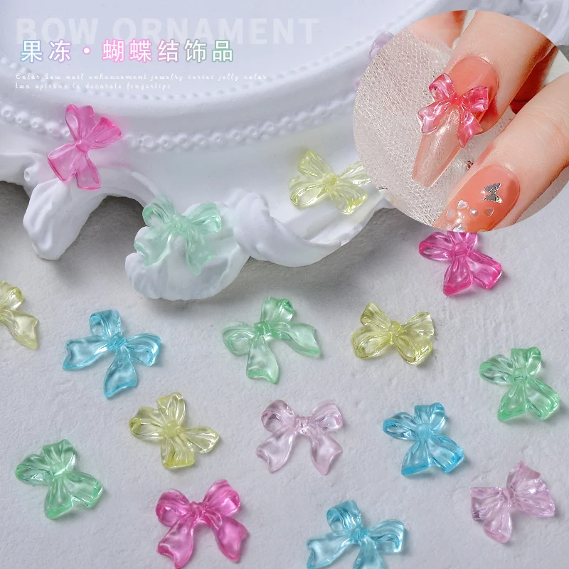 

100pcs 3D Resin Ribbon Bows Nail Art Charms Jelly Candy Transparent Bowtie Rhinestones Korea Style Nail Art Ribbon Bows Decor 18