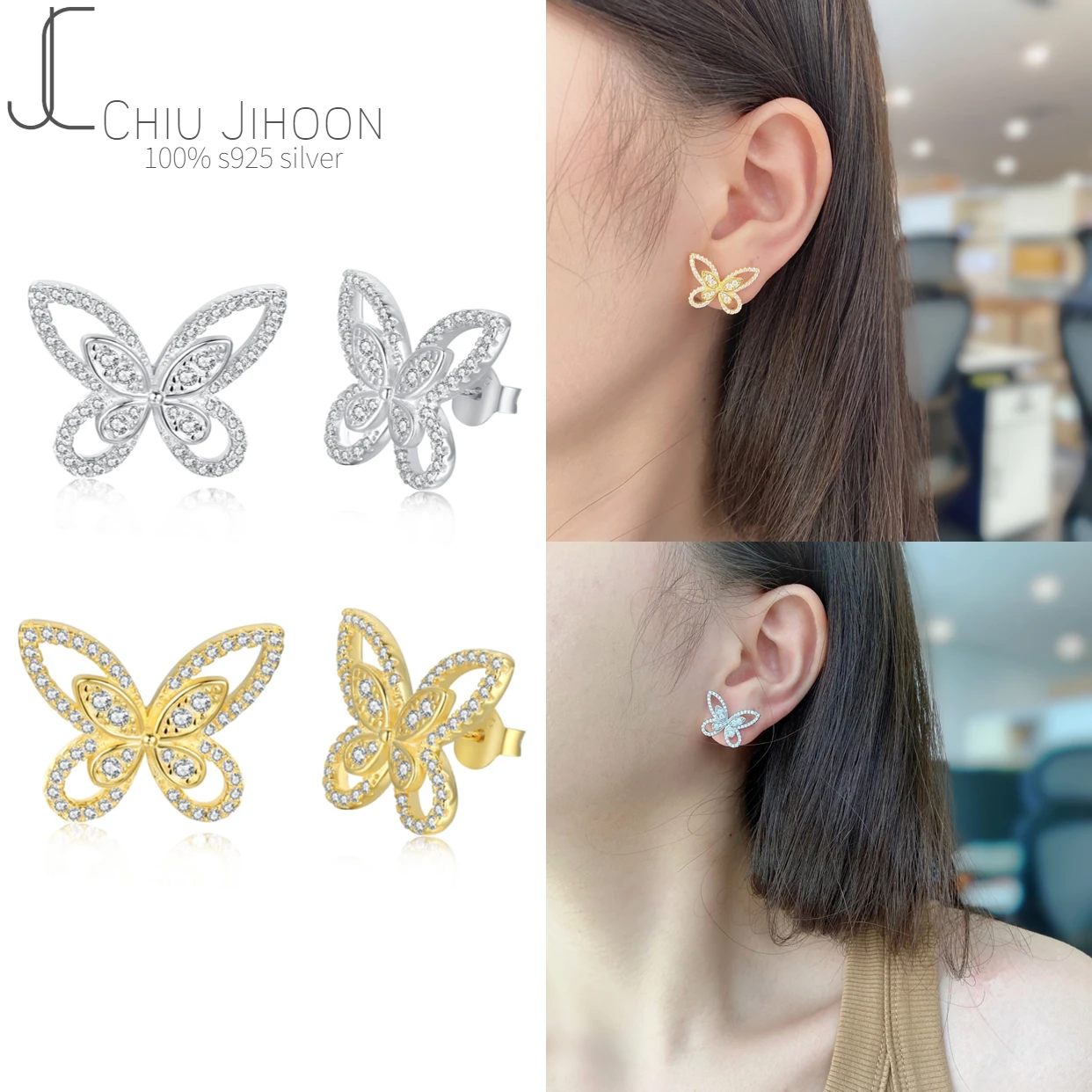 

S925 Sterling Silver Zircon Butterfly Stud Earrings Women Simple Sweet Hollow Butterfly Stud Earrings Girlfriend Gifts Jewelry
