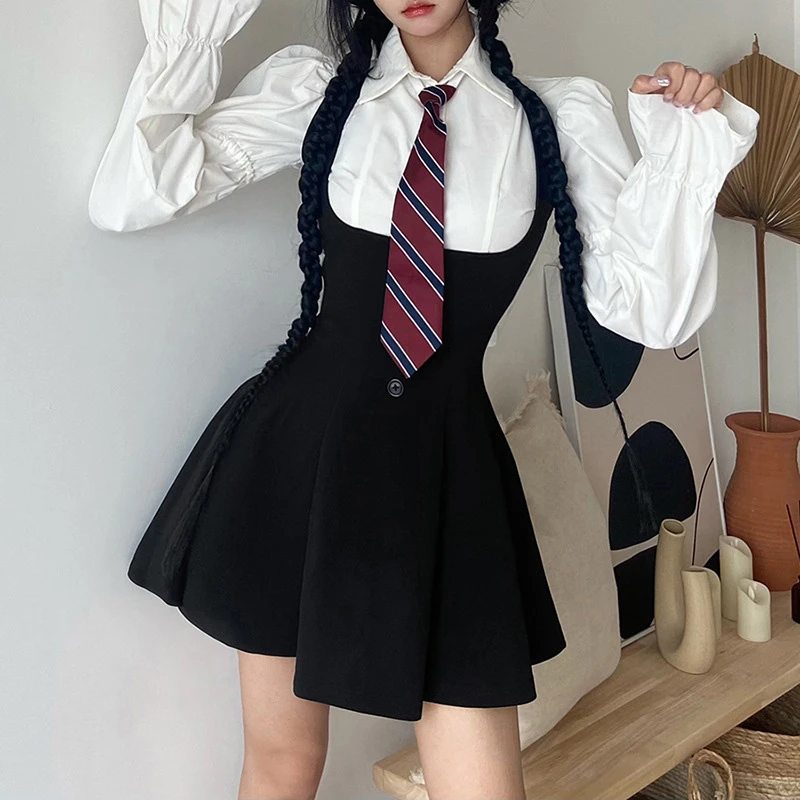 

College Style Preppy Style American Spicy Girls JK Uniform Dress Suit Black Summer Slim Uniform Set White Shirt Bishop Sleeve