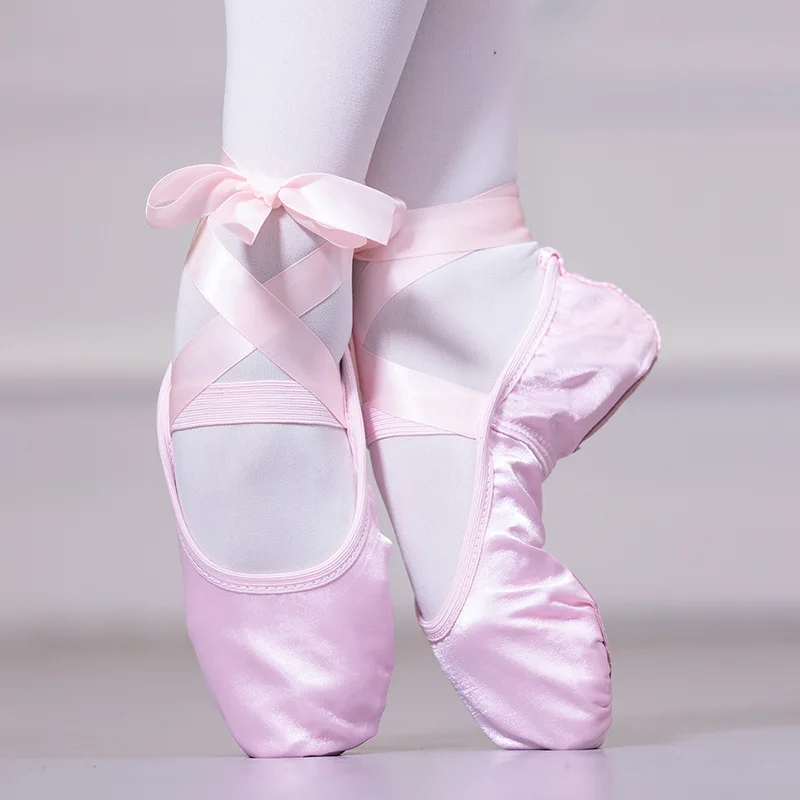 Girl Child and Ladies Ballet Pointe Dance Shoes Satin Ballet with Ribbon Straps Round Toe Indoor Yoga Shoes Fitness Slippers