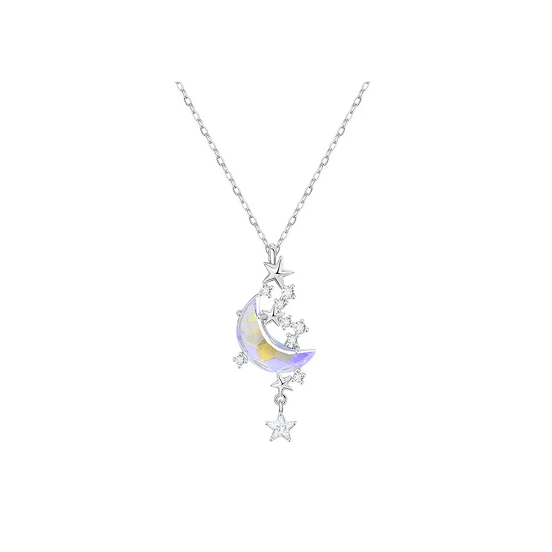 

New Ladies 925 Sterling Silver Necklace Star Moon Moonstone Colored Glass Stone Fashion Jewelry Couple Holiday Gift