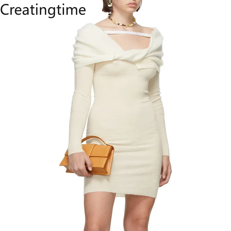 

Creatingtime 2022 Spring New Fashion Sexy Women Solid Color Patchwork Kink Design Slash Neck Slim High Waist Sweater Dress GA465