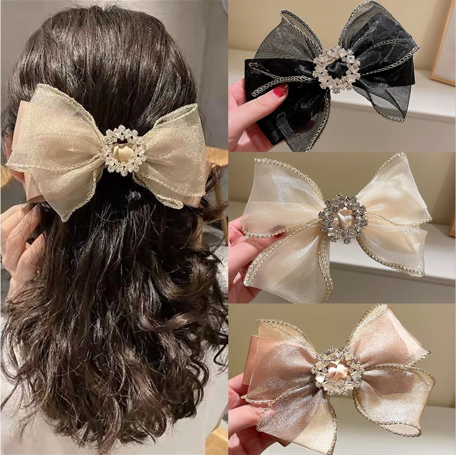 

New Korean Large Bow Hairpin Ladies Retro Spring Clip Rhinestone Shark Clip Sweet Fashion grace Headdress Hair Accessories gift