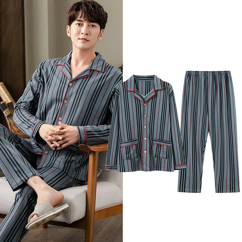Fdfklak L-4XL Fashion Striped Plaid Tops + Pant Two Piece Set New Cotton Men's Pajamas Long Sleeve Sleepwear Home Pijamas Suit