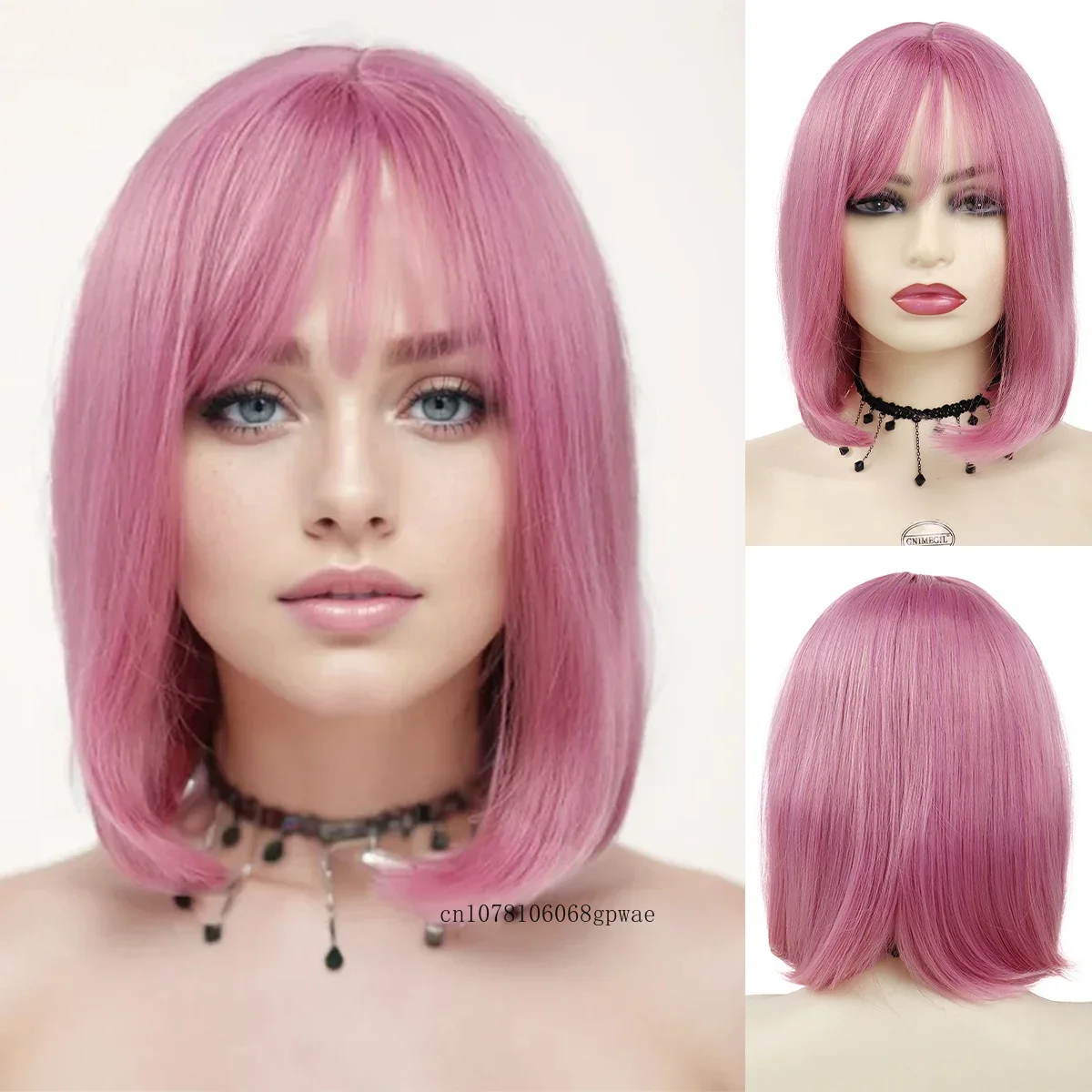Розовый парик для женщин Синтетические короткие парики боб с челкой