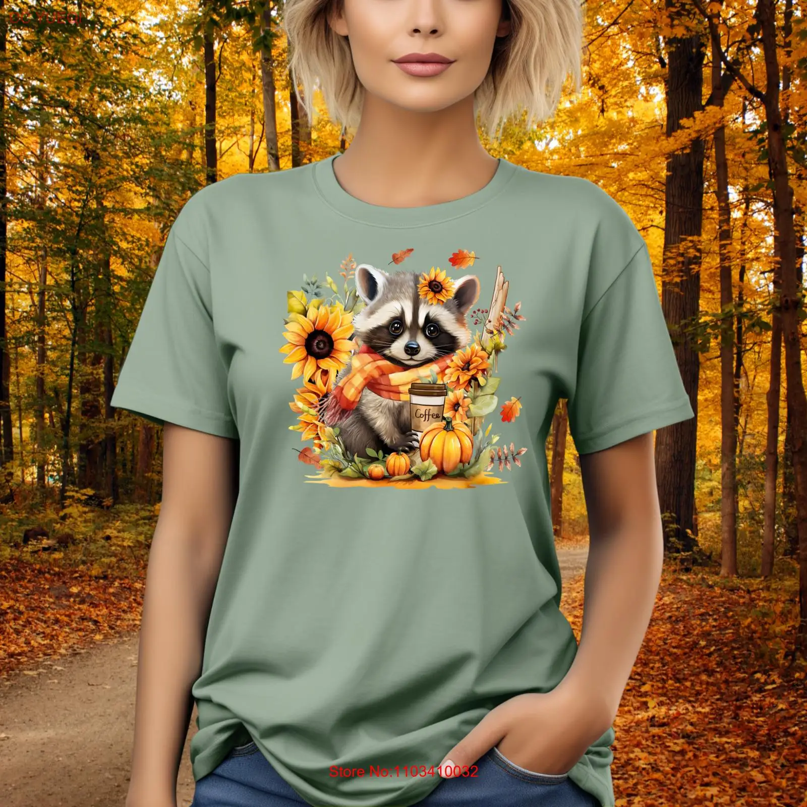 Осенняя футболка с изображением енота осенний енот и подсолнухи чашкой кофе