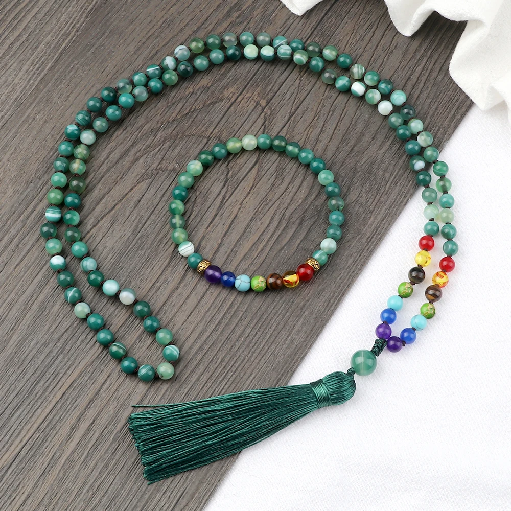 

6MM Green Striped Agate Beaded Bracelet Charm Onyx Distance Meditation Tassel Pendant Necklace Chakra Healing Bangles Jewelry