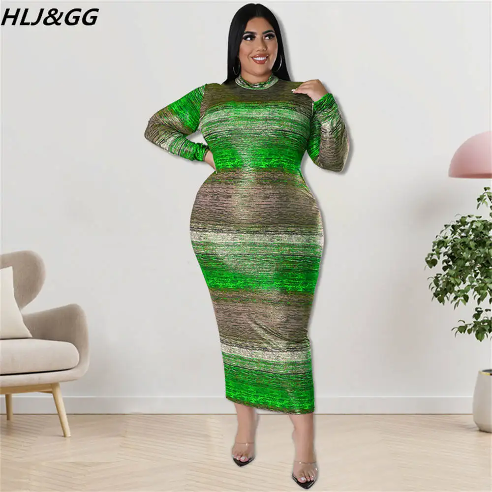 HLJ&GG Plus Size Women Clothing XL-5XL Fashion Vintage Pattern Print Bodycon Mid Dresses Fall Winter Casual Slim Vestidos Dress