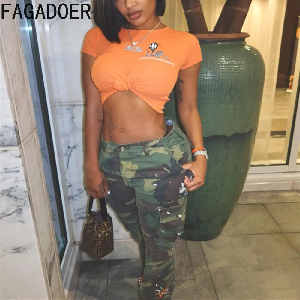 

FAGADOER Fashion High Street Cargo Pants Women Camouflage Button Jogger Trousers Casual Female Loose Straight Pants Bottom 2022