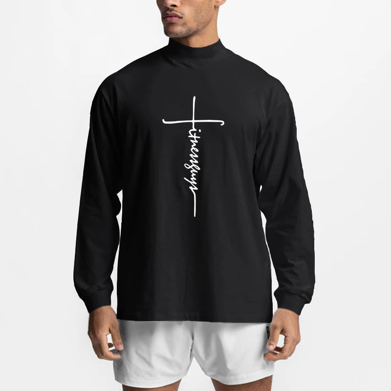 

Oversized Dropped Shoulder Long Sleeve T Shirt Mens Turtleneck Cotton Fitness T-shirt Autumn Spring Gym Clothing Workout Tshirt