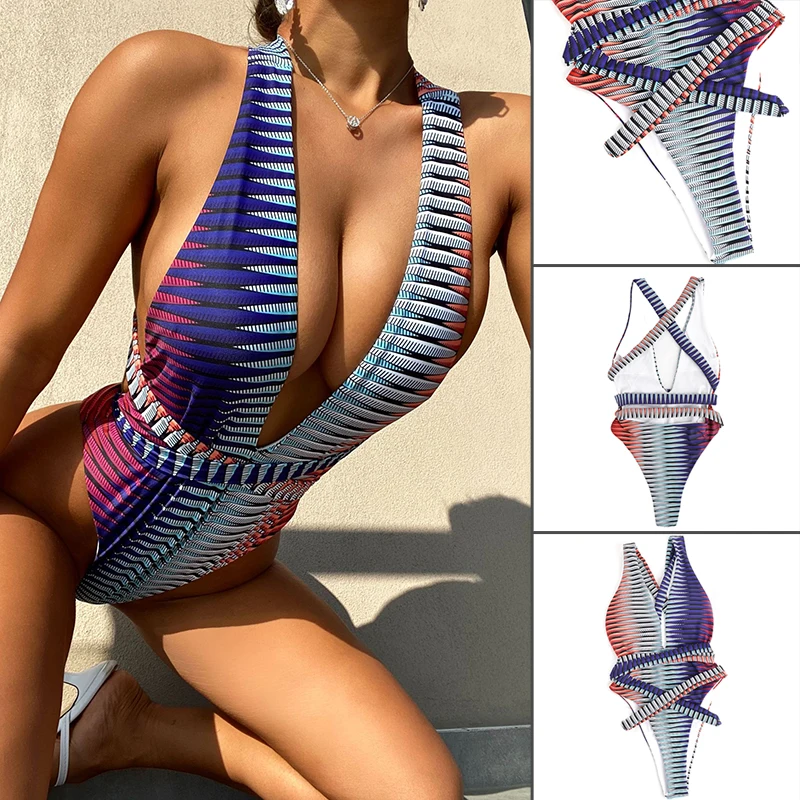 

Цельный купальник для женщин, сексуальное бикини с V-образным вырезом, модный пляжный купальный костюм, купальник, бикини, цельный сексуальн...