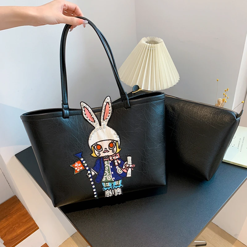 

Black Women Handbag 2 Pieces Large Capacity Shoulder Bag High Quality PU Leather Women's Tote Bag Shopper Luxury Designer Bag