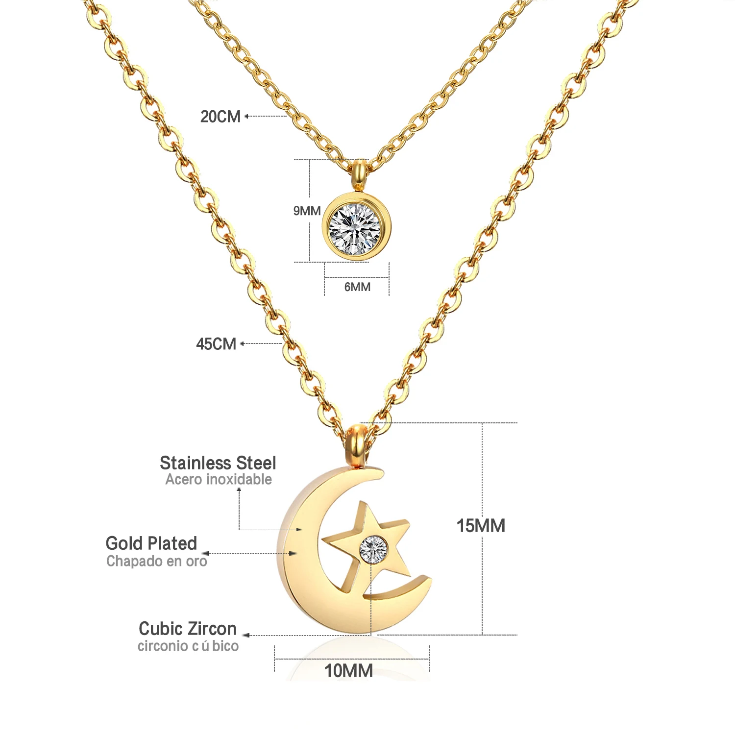  Double Layers Link Chain Necklace CZ Moon Star Pendant Necklaces For Women Fashion Temperament Jewelry Choker Wholesales