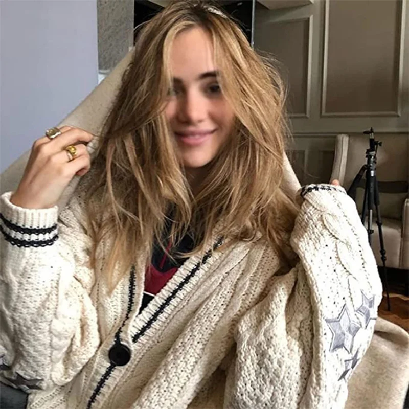 

Fashion Autumn Star Embroidered Tay Women Lor V-neck Knitted Sweater Warm Swif T Beige Holiday Women