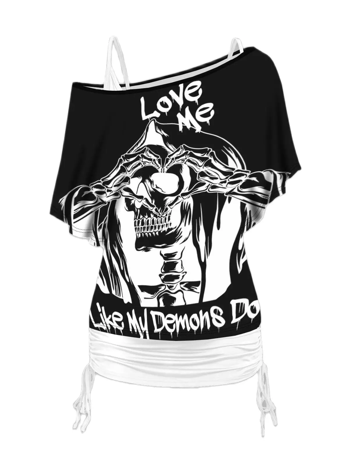 

Oblique Shoulder Skull Print T Shirt Short Sleeve Skeleton Printed Halloween Women Top Cinched Ruched Tank Top Two Pieces Set
