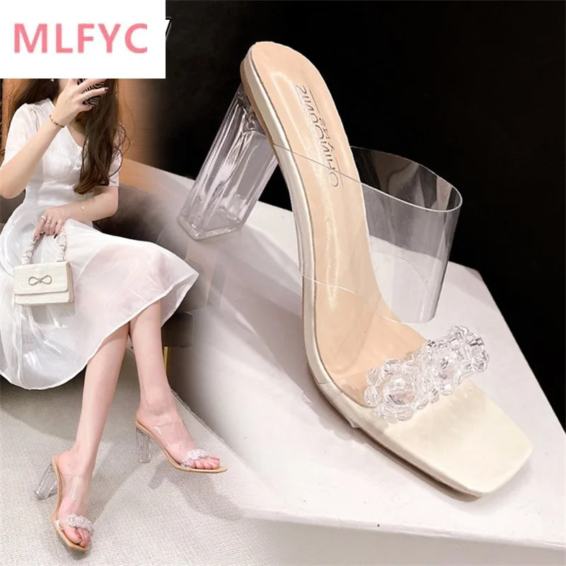 

Transparent sandals and slippers summer 2022 new one-word crystal fashion high-heeled thick-heeled sandals women's large size