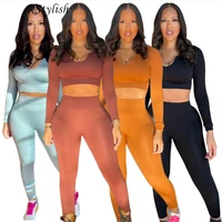 rstylish 2022 spring women sport fitness two piece set outfits long sleeve solid crop tops leggings pants bodycon tracksuits