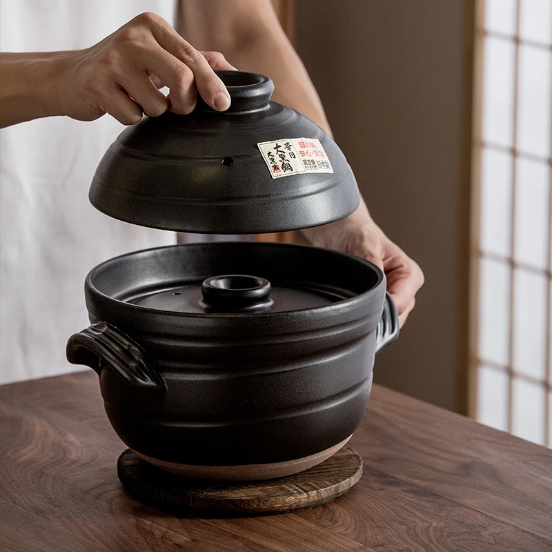 

zq Japanese Style Claypot Rice Casserole Black Double Lid Rice Cooker