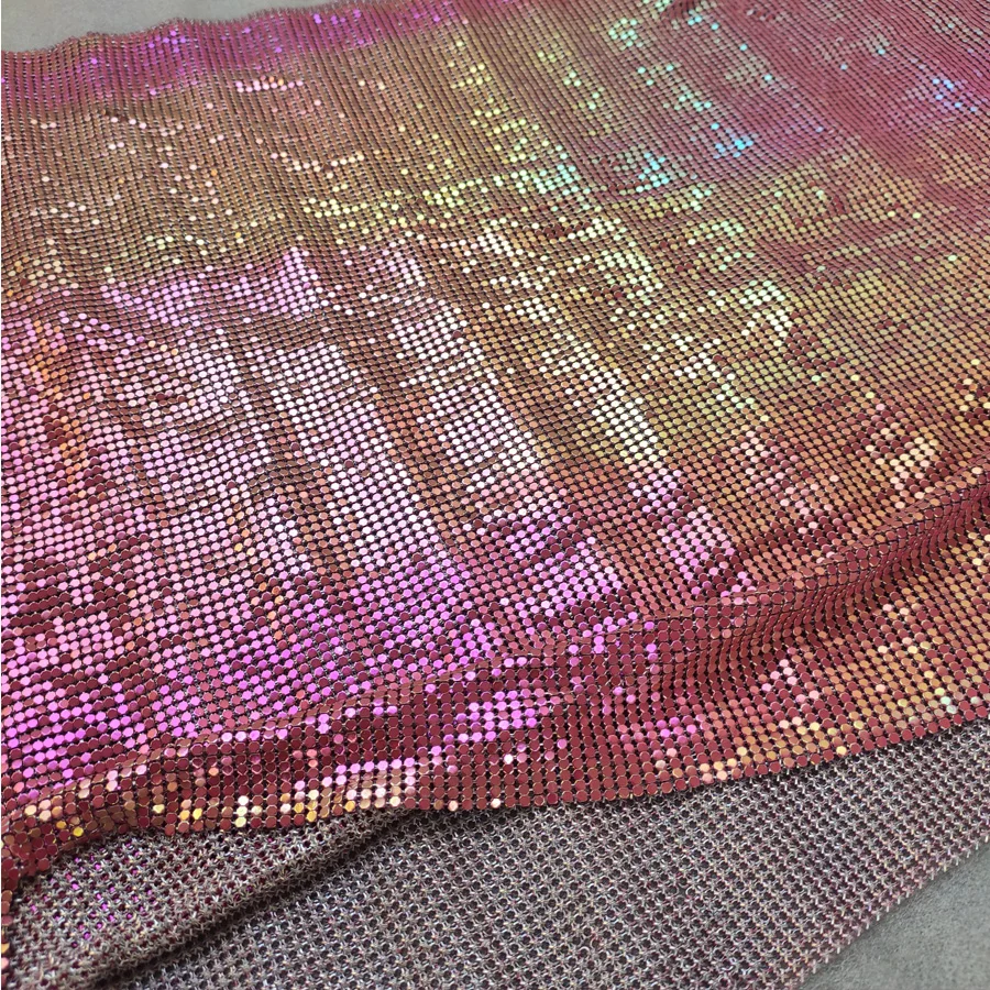 Sparkly 45*150CM Pink Iridescent Metal Mesh Fabric Metallic Cloth Sequin Sequined DIY sewing Chainmail dress Decoration Curtain