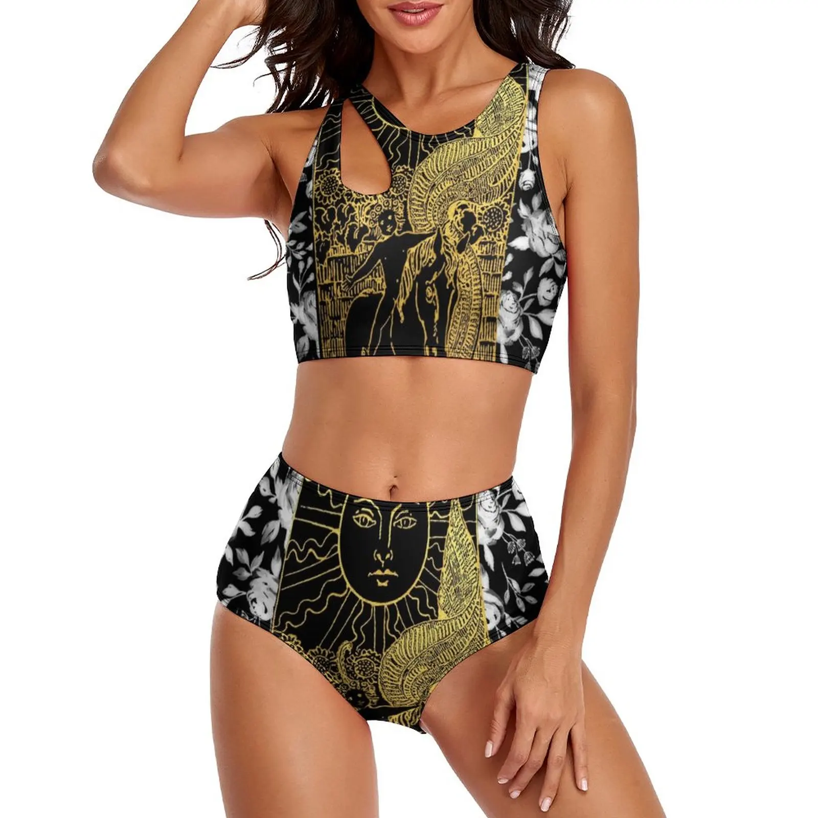 

The Sun Bikini Swimsuit Sexy Floral Tarot Print High Waist Bikini Set Two Piece Custom Swimwear Push Up Surfing Swimsuits