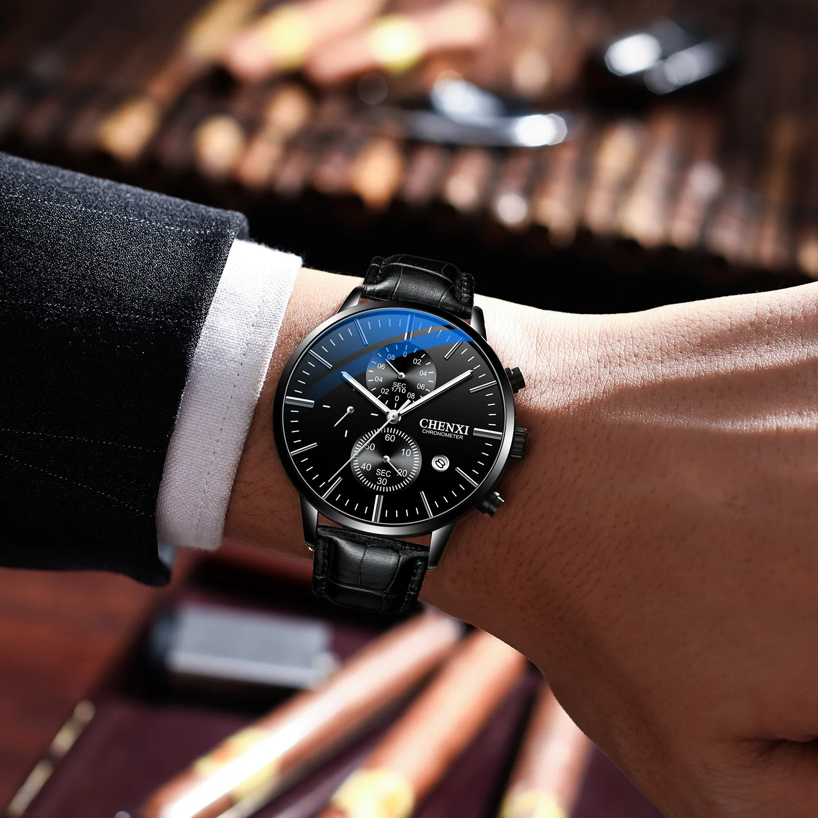 

2022 Men Quartz Wristwatches Mens Watch New Brand Watches Men Multifunctional Calendar Watches Leather Strap Waterproof Watches