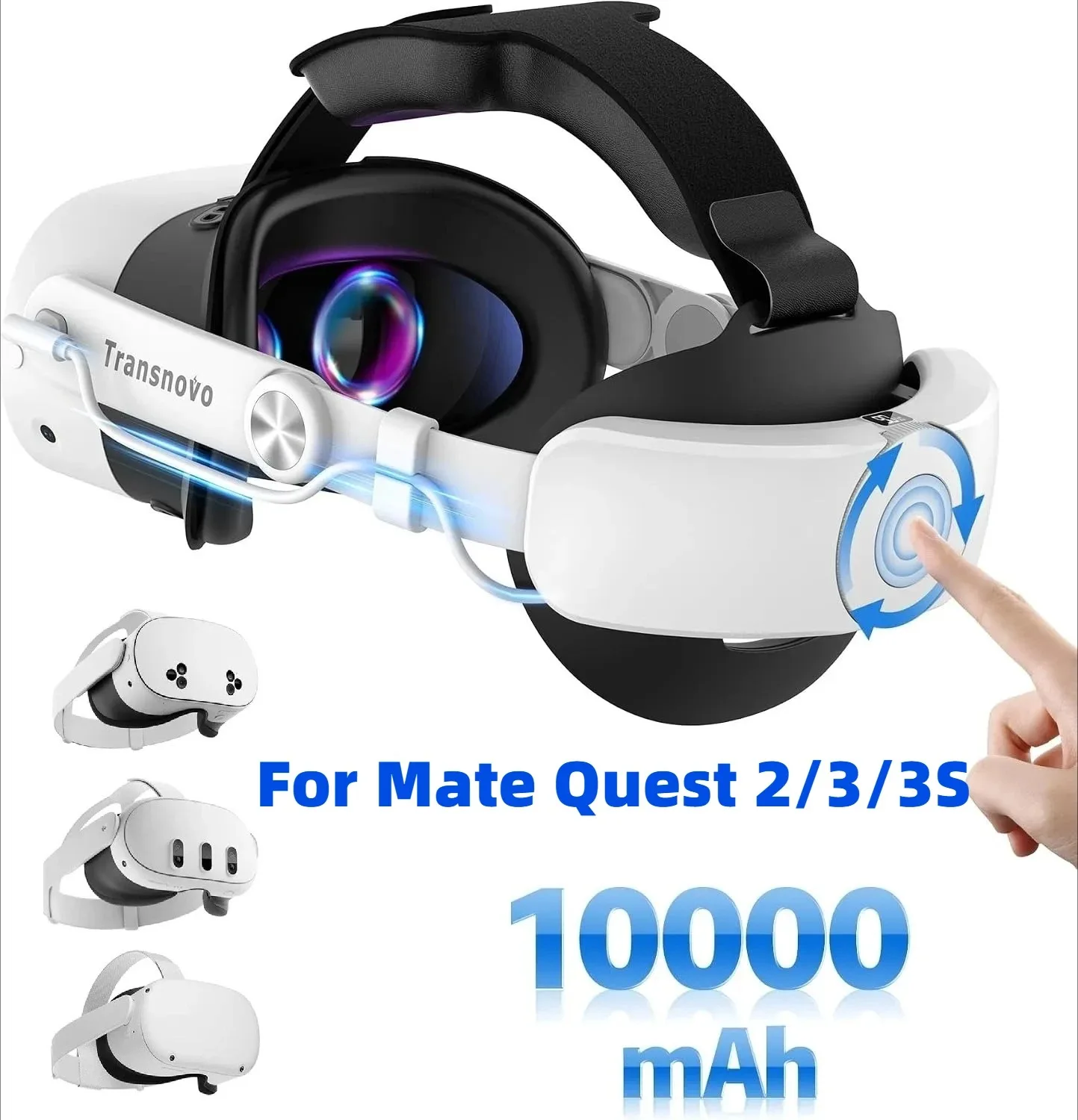 Фото Наголовный ремень для Mate Quest 2/3/3s с аккумулятором на 10000 мАч, выдвижной конструкцией, быстрой зарядкой, внешним аккумулятором для аксессуаров Oculus Quest 2 VR. №1