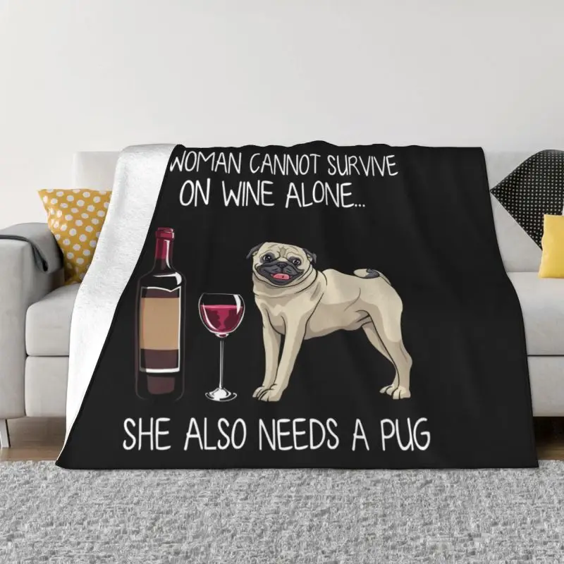 

Pug And Wine Funny Dog Blanket Warm Fleece Soft Flannel Dog Lovers Animal Throw Blankets for Bed Couch Outdoor Autumn