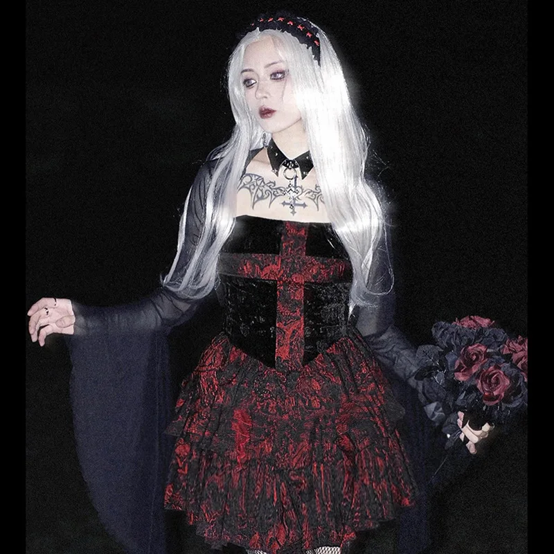 

Black and Red Bralette Dress Female Street Dark Wind Gothic Retro Cross Stitching Strapless Lace A Hem Dress Female