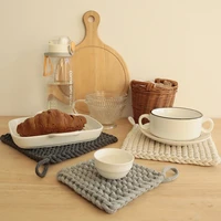 small woven placemat for dining table natural cotton handmade square home decorative hot pad with handle kitchen accessories