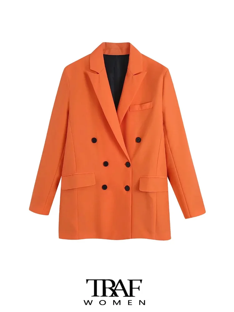 

TRAF Women Fashion Double Breasted Blazer Coat Vintage Long Sleeve Flap Pockets Female Outerwear Chic Veste Femme