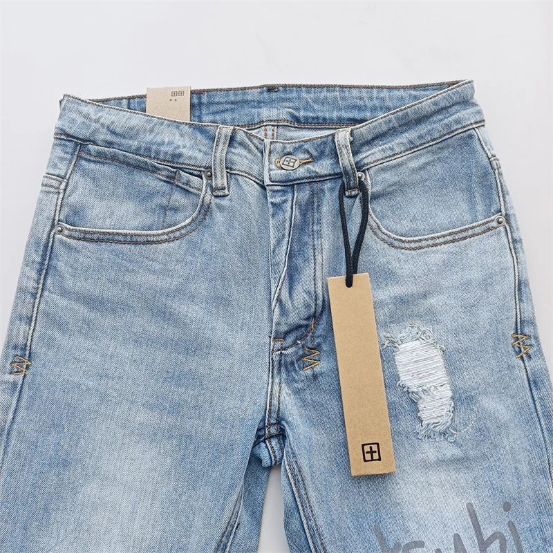 Черные синие модные мужские джинсы KSUBI Cross Brand High Street Hole Trend с низкой посадкой узкие