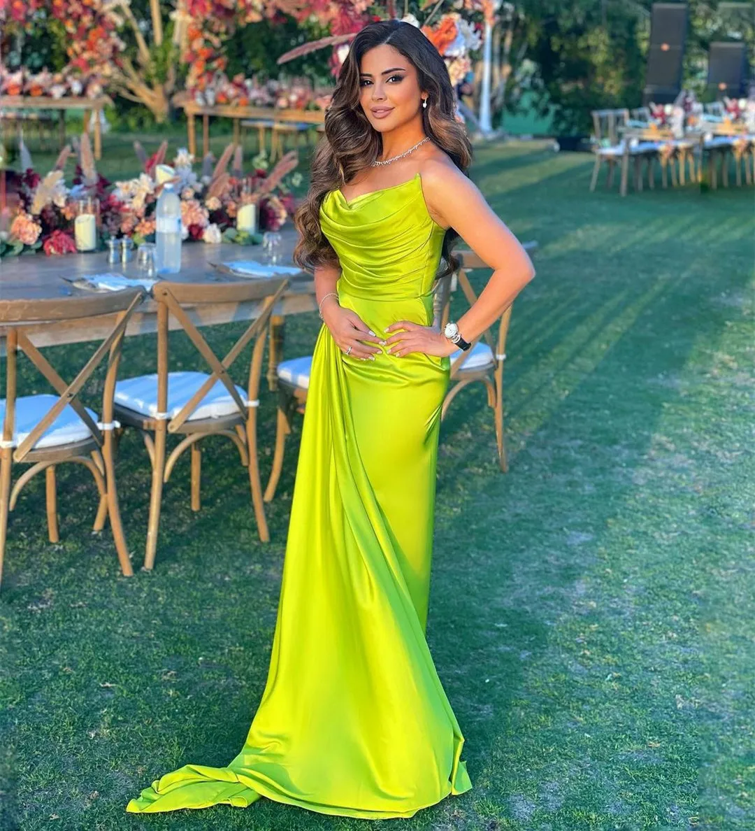 

Elegant Long Pleated Satin Evening Dresses Mermaid Sleeveless Sweep Train فساتين السهرة Robes de soirée Prom Dress for Women