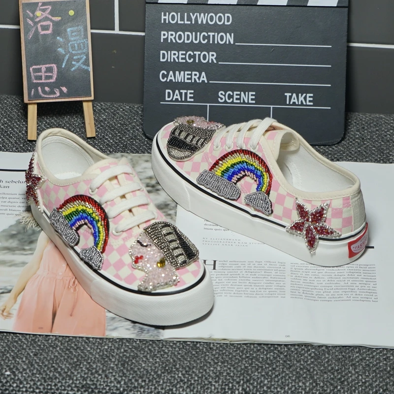 

Low-top pink plaid canvas shoes heavy industry rhinestone star rainbow women's casual banquet party shoes 35-40