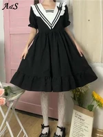 japanese style kawaii sailor collar black lolita dress 2022 summer ruffle cute shcool uniform dress beach sundress harajuku