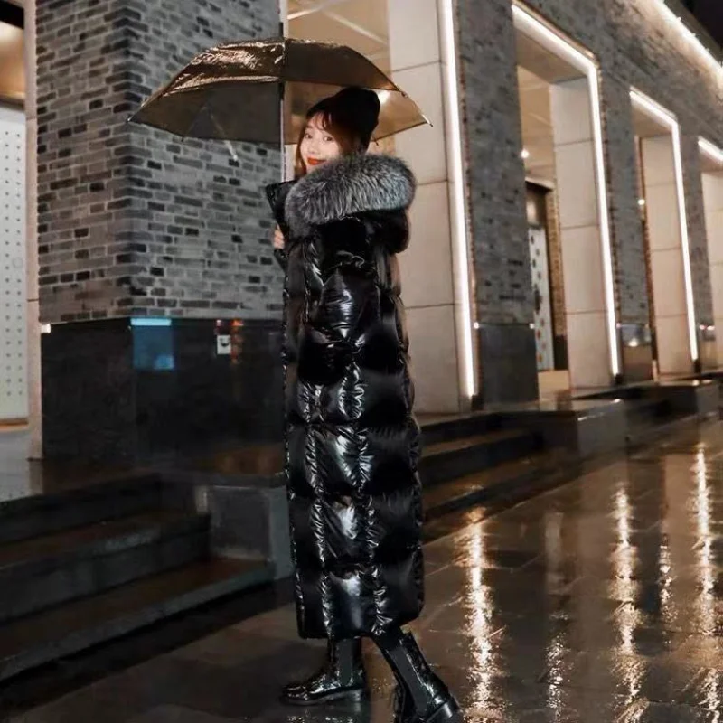 2022 Women's Cotton Jacket New Down Cotton Jacket Women's Long Black Bright Face Thickened Real Wool Collar Cotton Jacket