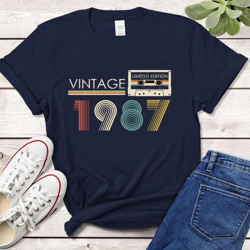 

Vintage 1987 Limited Edition Audiotape Women Graphic T Shirts Retro Made In 1987 35th Birthday Party Top Mom Gift Female Tshirt