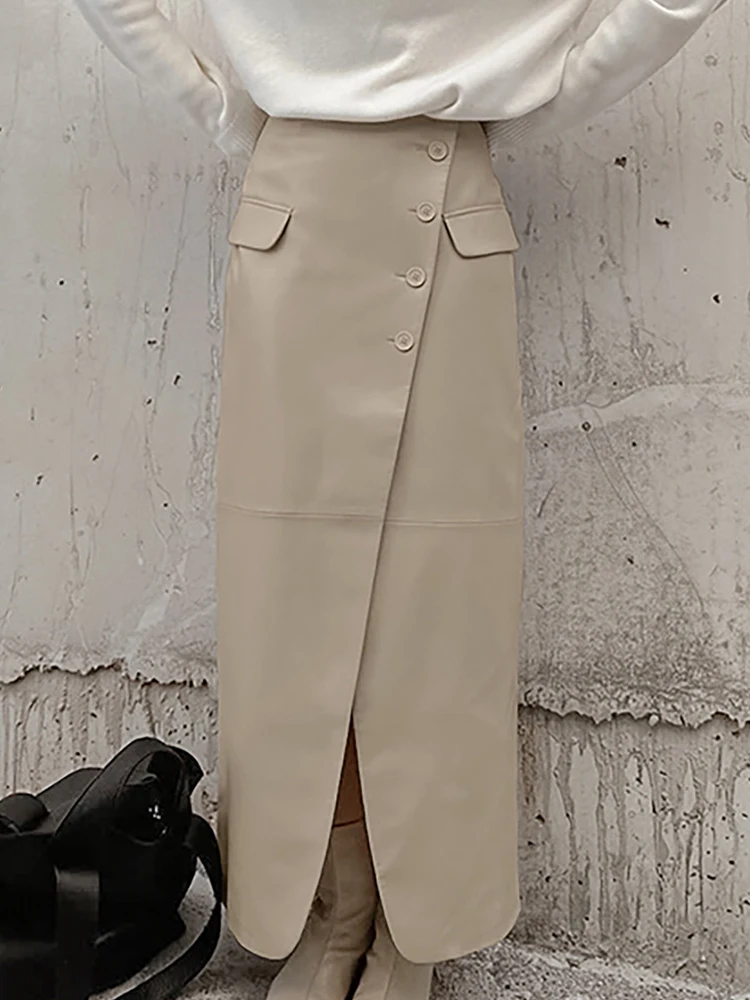 Женская кожаная юбка-миди с высокой талией и