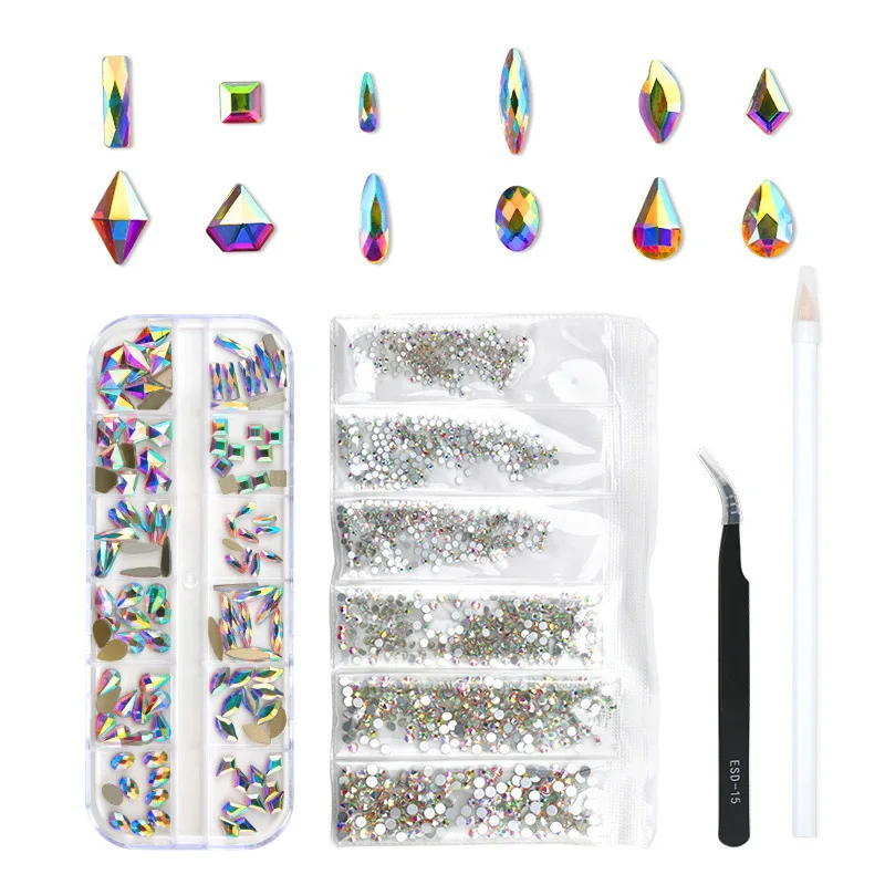 

3D Multi Size AB/Colorful Hotfix Rhinestones Flatback Crystal Diamond Gems Glitter Nail Art Luxurious Decorations Set