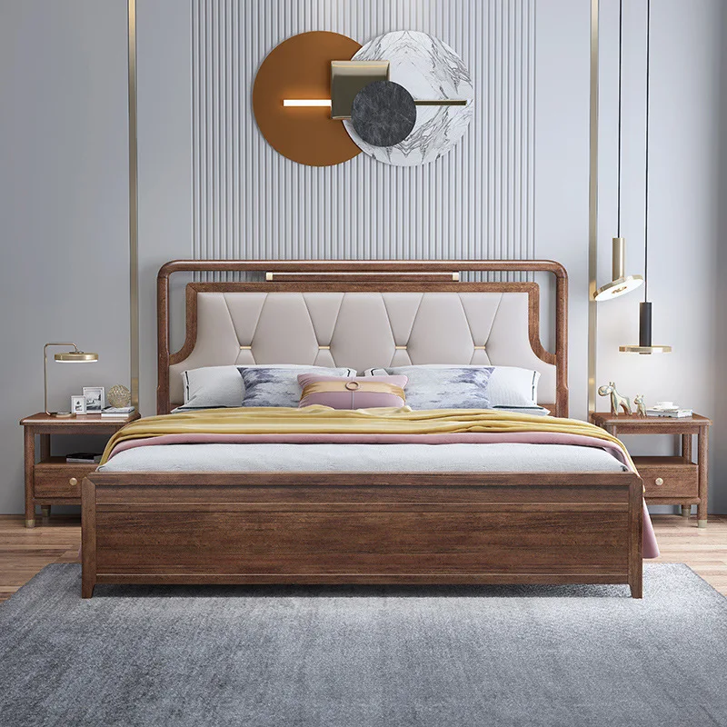 

Private custom Chinese-style solid wood bed light luxury soft bag soft lean double bed master bedroom modern furniture king bed