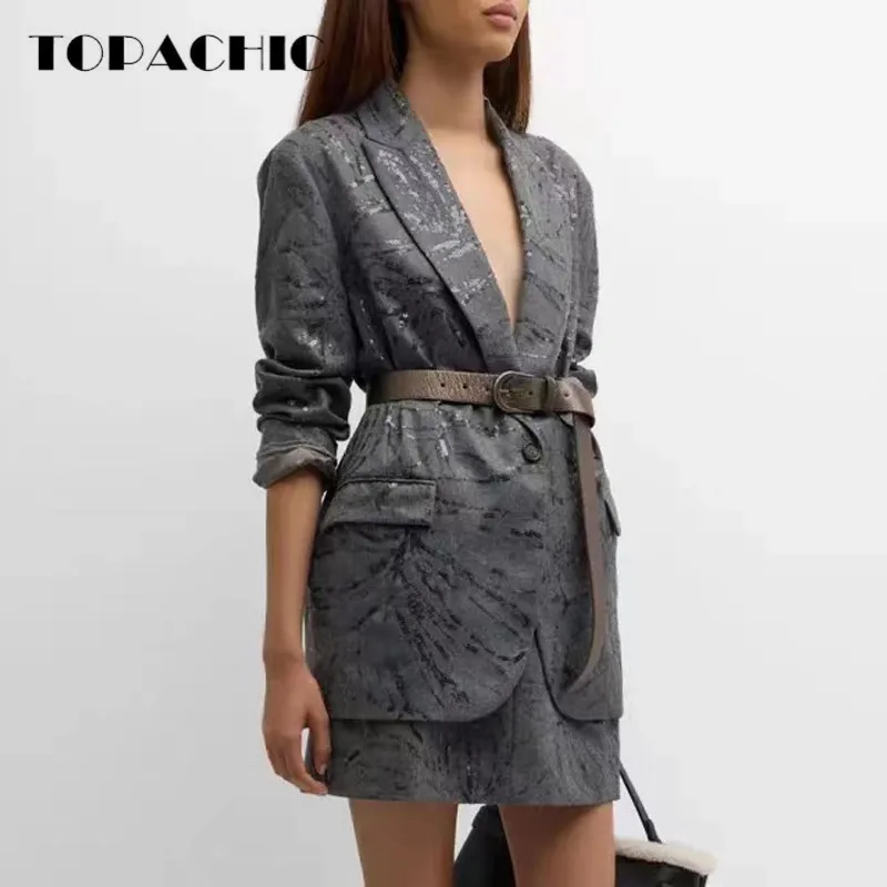 

9.12 TOPACHIC Women's Temperament Heavy Industry Embroidery Sequins Wool Set Single Button Midi Blazer Or A-Line Skirt