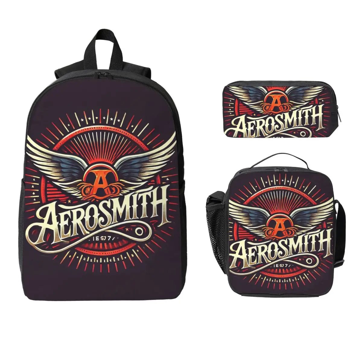 Фото Рюкзак Rock Aerosmith Band (3) Студенческий рюкзак для мальчиков и девочек, школьная сумка, сумки на плечо для ноутбука, изолированная сумка для обеда 3 шт., пенал №1