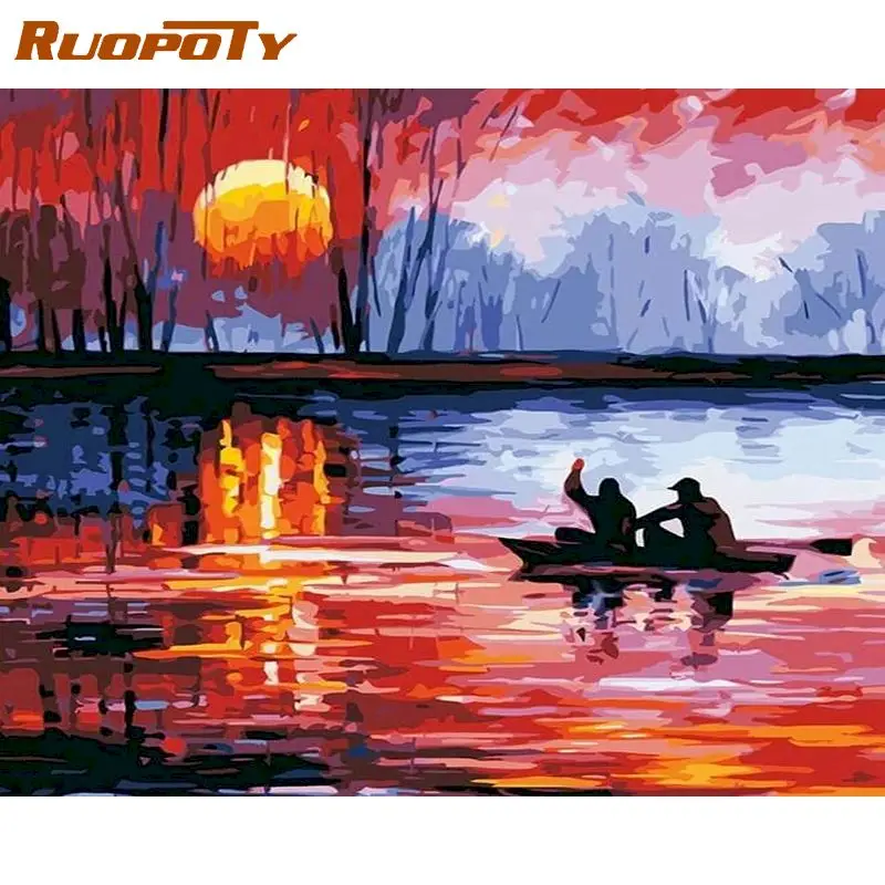 

RUOPOTY Acrylic Paint By Numbers Oil Painting By Numbers Sunset Lake Frame DIY Gift Room Decor On Canvas Coloring By Numbers
