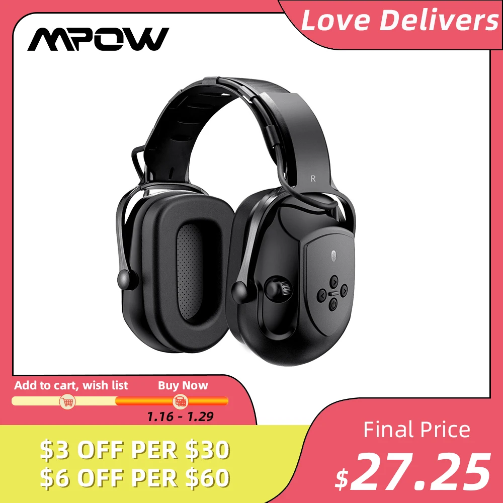 Улучшенные шумоподавляющие наушники Mpow с Bluetooth безопасные NRR 29 дБ/SNR 36 дБ